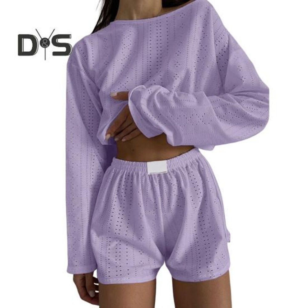 (purple, M) 2 Pcs/Set Women Top Shorts Suit High Waist Shorts Hollow Out Loose Cropped Blouse Long Sleeves Solid Color Outfit for Sport Jogging Sleeping