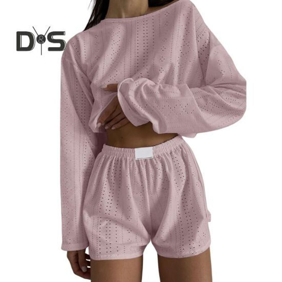 (pink, M) 2 Pcs/Set Women Top Shorts Suit High Waist Shorts Hollow Out Loose Cropped Blouse Long Sleeves Solid Color Outfit for Sport Jogging Sleeping