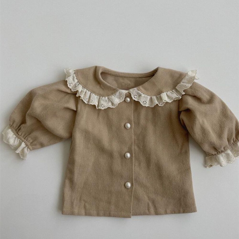 (khaki, 80cm) Girls' Spring Lace Lapel Long-sleeve Cardigan Shirt – Stylish New Tops