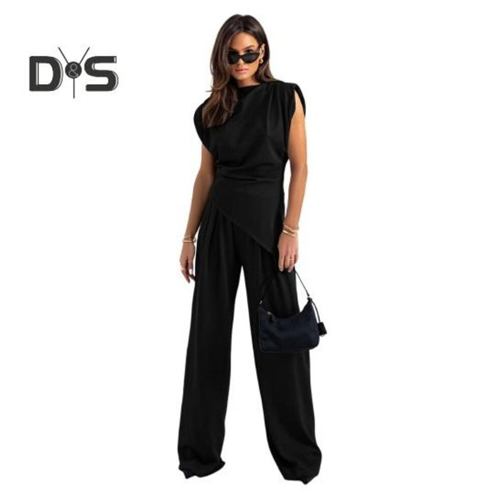 (black, XXL) Women Fashion Two Piece Outfit Off Shoulder Irregular Top Wide Leg Pants Casual Loose Suit Breathable Wrinkle-Free Office Wear Suit Set for Various