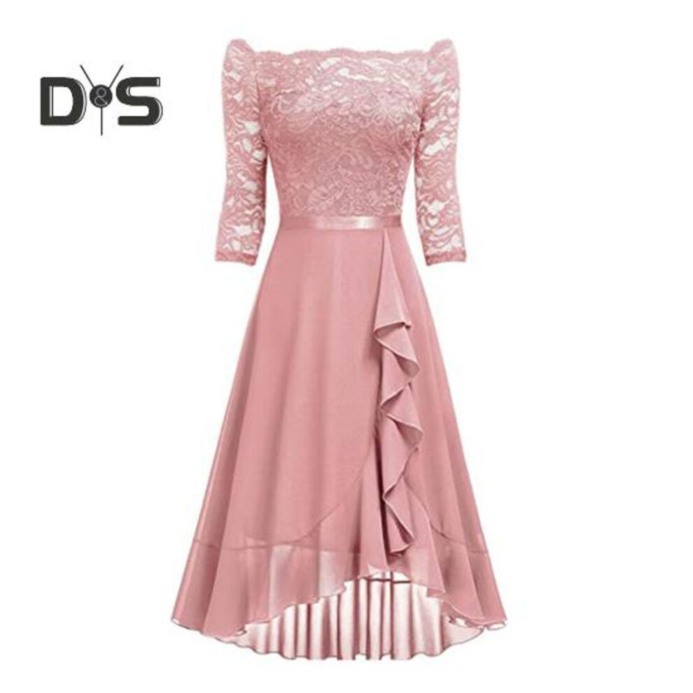 (pink, S) Sexy Gown Dress Off Shoulder Waist-Hugging Midi Dress Lace Splicing Half Sleeve Irregular Ruffle Hem Chiffon Dress