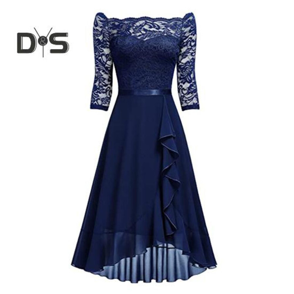 (navy blue, M) Sexy Gown Dress Off Shoulder Waist-hugging Midi Dress Lace Splicing Half Sleeve Irregular Ruffle Hem Chiffon Dress