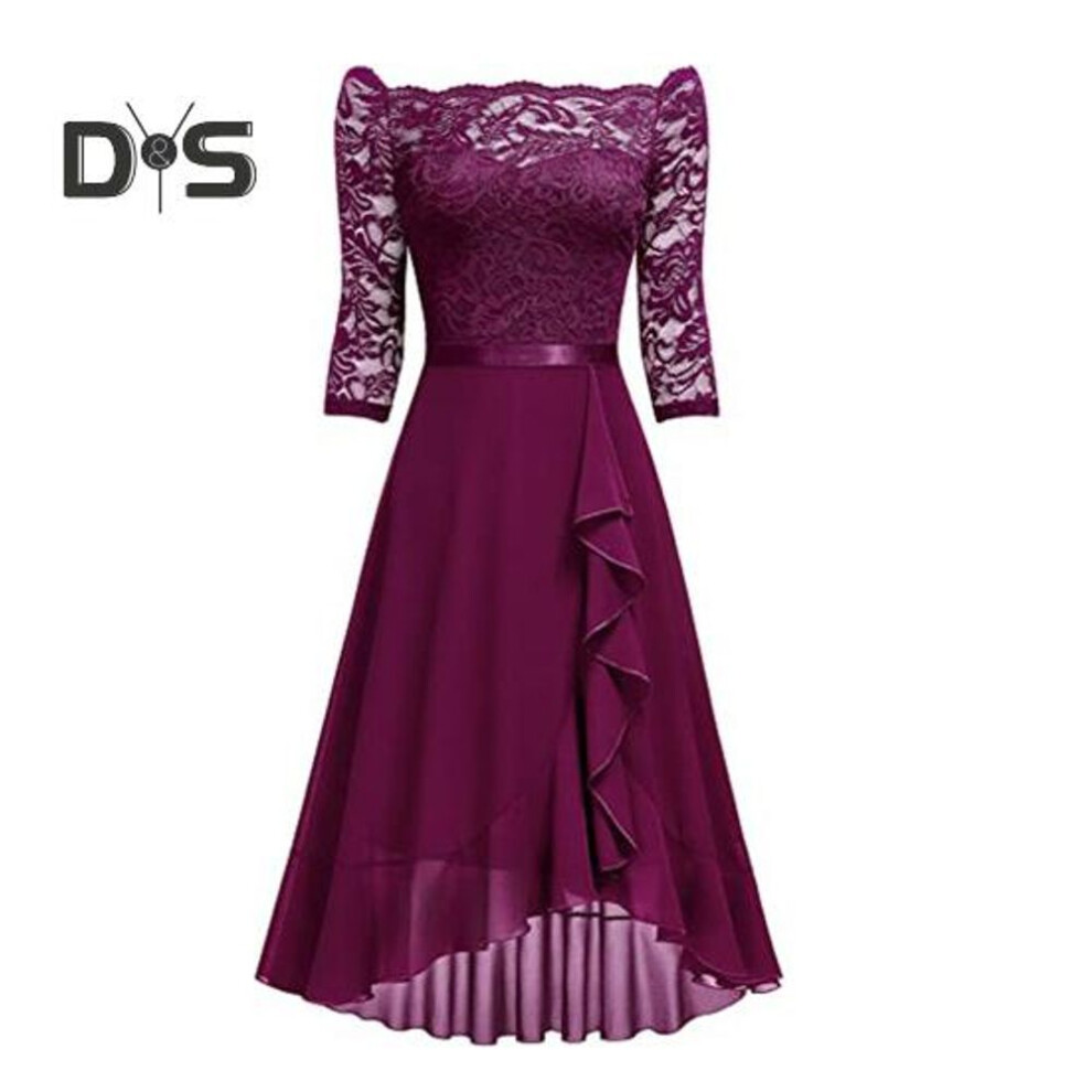 (purplish red, S) Sexy Gown Dress Off Shoulder Waist-Hugging Midi Dress Lace Splicing Half Sleeve Irregular Ruffle Hem Chiffon Dress