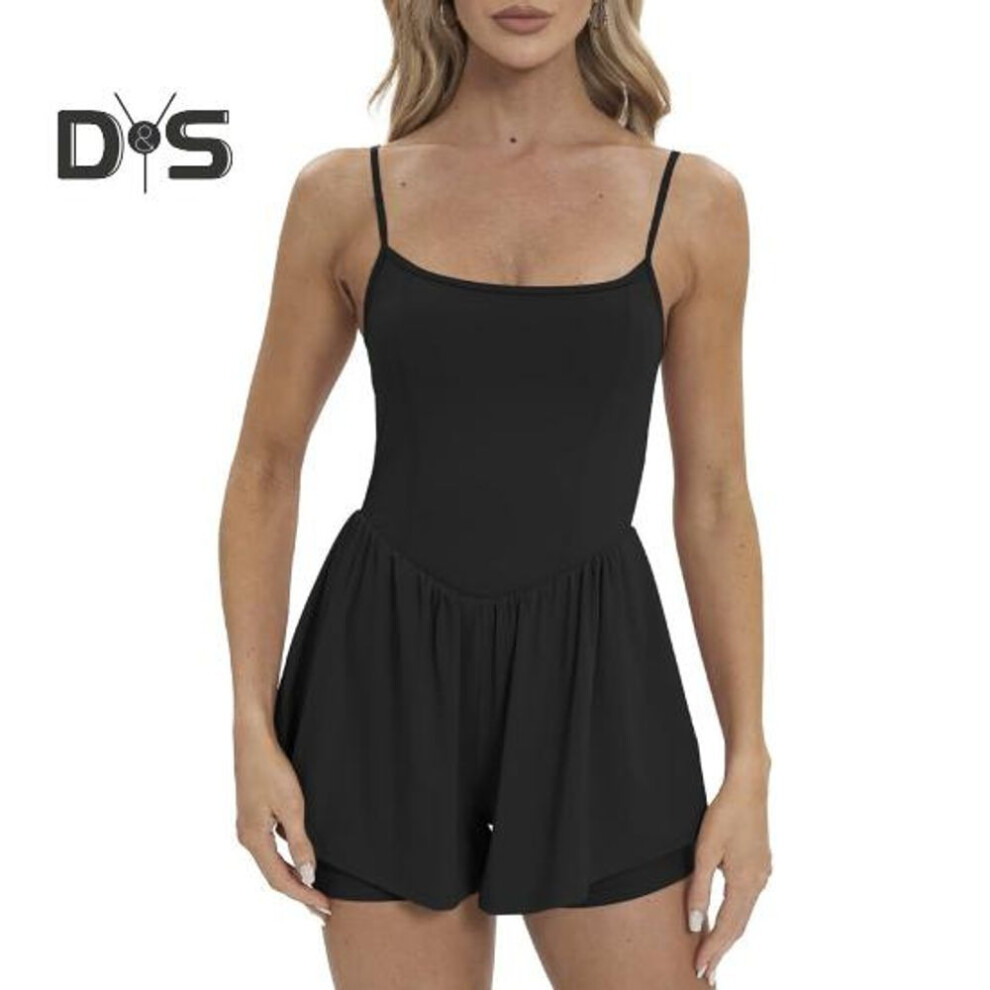(black, S) Women's Sleeveless Tennis Dress Summer Pleated Yoga Workout Mini Dresses with Built-in Shorts Spaghetti Strap Athletic Romper Short Sundress