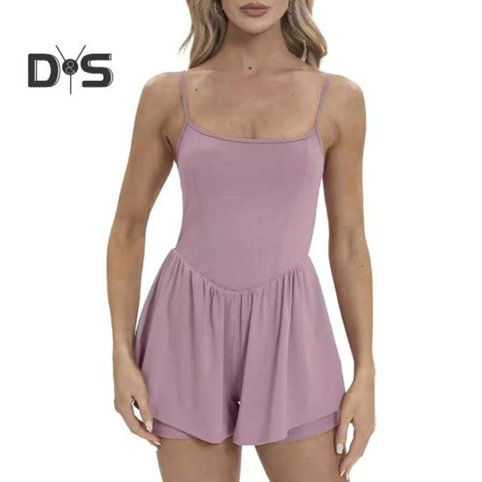 (light purple, M) Women's Sleeveless Tennis Dress Summer Pleated Yoga Workout Mini Dresses with Built-in Shorts Spaghetti Strap Athletic Romper Short Sundress