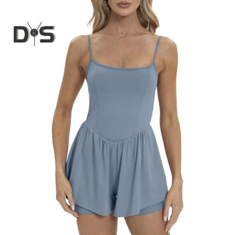 (blue, XL) Women's Sleeveless Tennis Dress Summer Pleated Yoga Workout Mini Dresses with Built-in Shorts Spaghetti Strap Athletic Romper Short Sundress