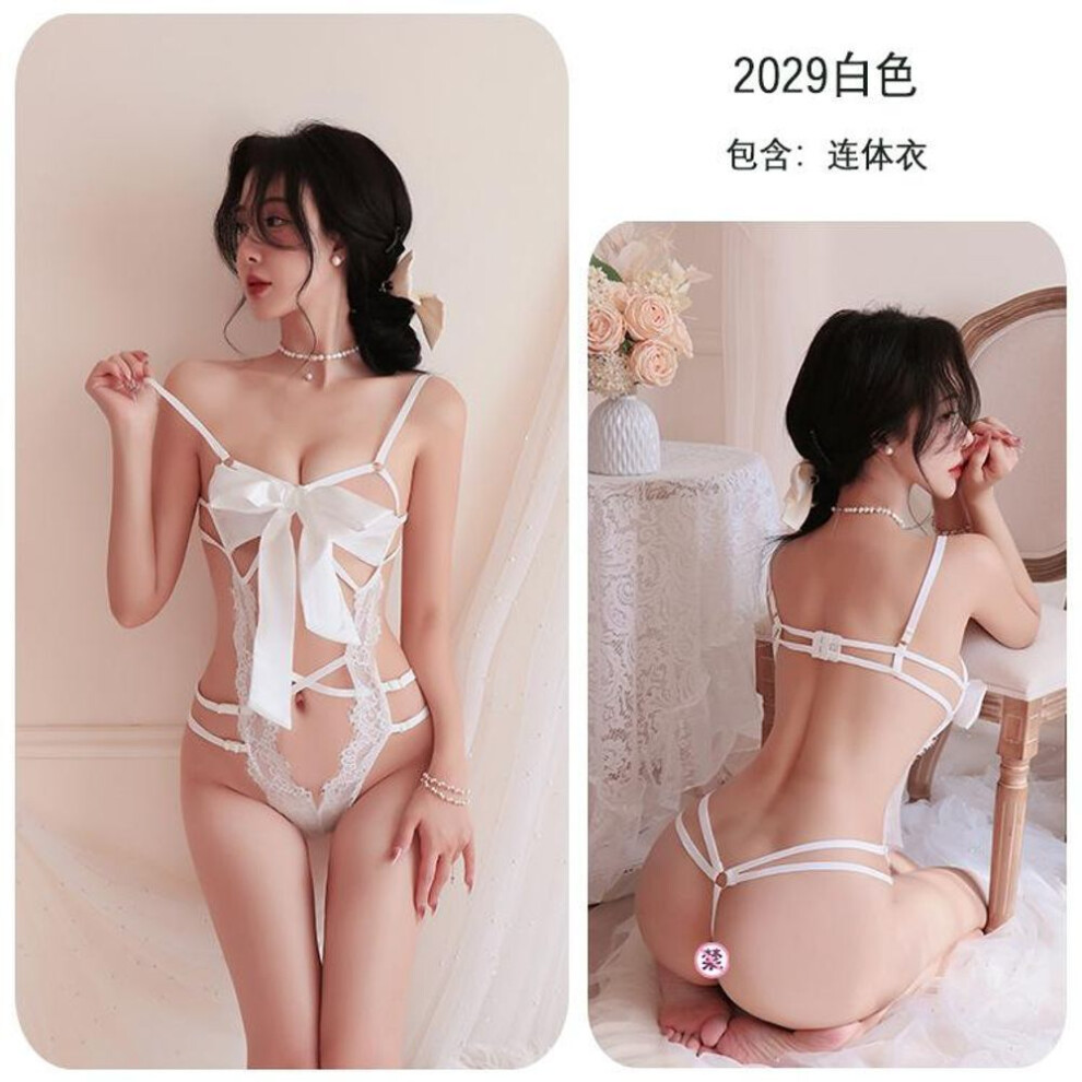 (white, One Size (80-65kg)) Sexy underwear sexy lace-up hollow bow lace seduction breast suspender onesie