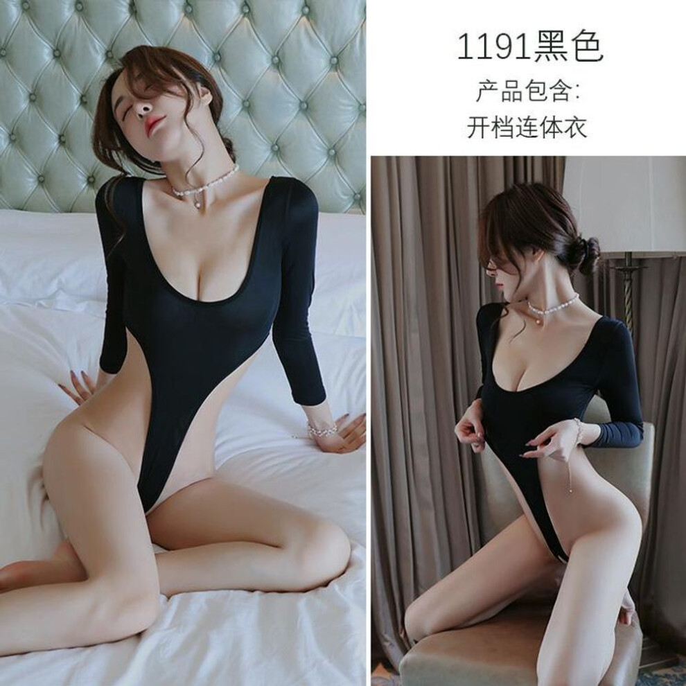 (black, One Size (80-62.5 kg)) Sexy underwear open onesie women's sexy ice silk pajamas hot uniform seduction suit