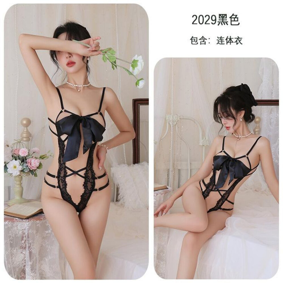 (black, One Size (80-65kg)) Sexy underwear sexy lace-up hollow bow lace seduction breast suspender onesie