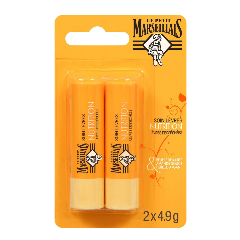 Le Petit Marseillais | Soin Lèvres Nutrition Lèvres Desséchées (2 tubes de 4,9 g) – Baume à lèvres au beurre de karité, amande douce et huile d'argan – Stick à lèvres nourrissant-image
