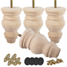 5 inch Unfinished Wooden Bun Feet, 4Pcs Solid Wood Furniture Legs with Threaded M8 Hanger Bolts & Mounting Plate & Screws for Sofa Couch Chair Ottoman
