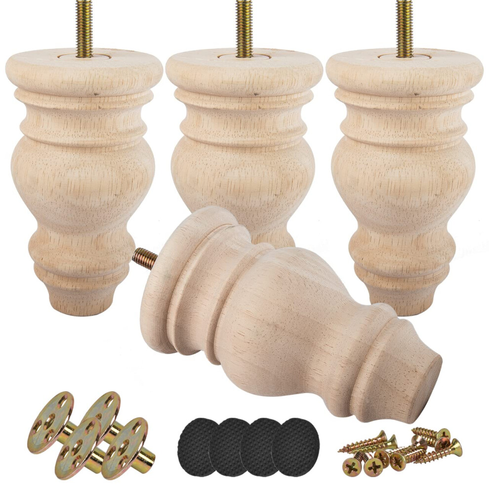 5 Inch Unfinished Wooden Bun Feet, 4Pcs Solid Wood Furniture Legs With Threaded M8 Hanger Bolts & Mounting Plate & Screws For Sofa Couch Chair Ottoman 8789259468329