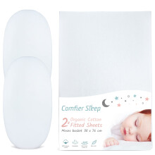 Moses Basket Sheets Fitted 100% Organic Cotton Completely Natural 30x76cm White Color Set of 2 Ultra-soft and Comfortable for Your Baby to fit