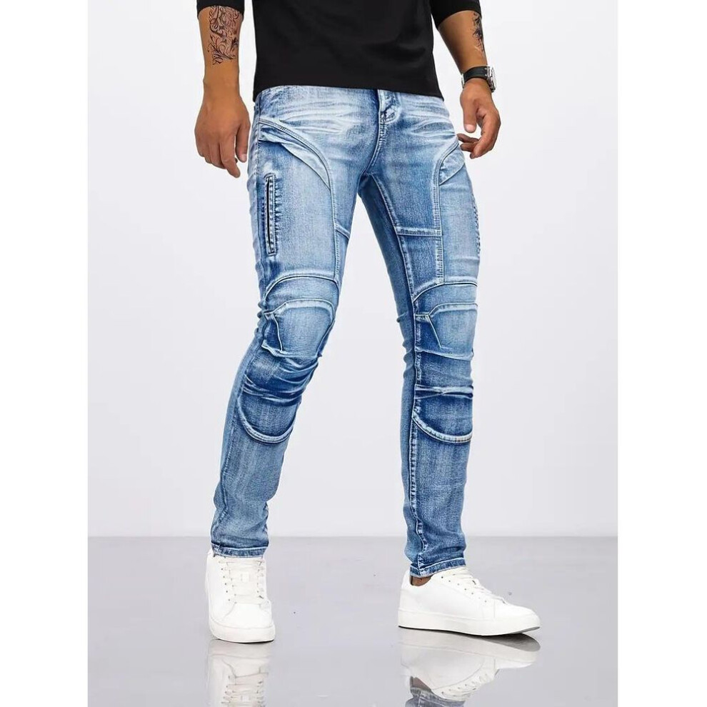 (blue, S) Men's Retro Stretch Kevlar Motorcycle Jeans - Tear-resistant Casual Cycling Pants