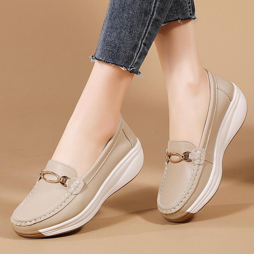 (beige, 40) 2024 Women's Genuine Leather Slip-On Platform Shoes - Non-Slip, Lightweight, Casual Toad Shoes