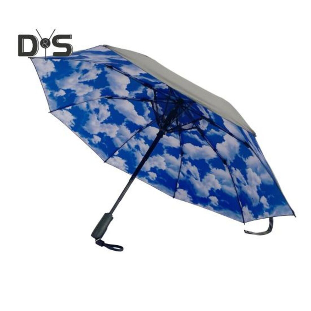 (blue,white) Folding Umbrella with Fan USB Rechargeable UV Sun Protection Tri-fold Umbrella Portable Waterproof Windproof Summer Outdoor Sun Rain Umbrella