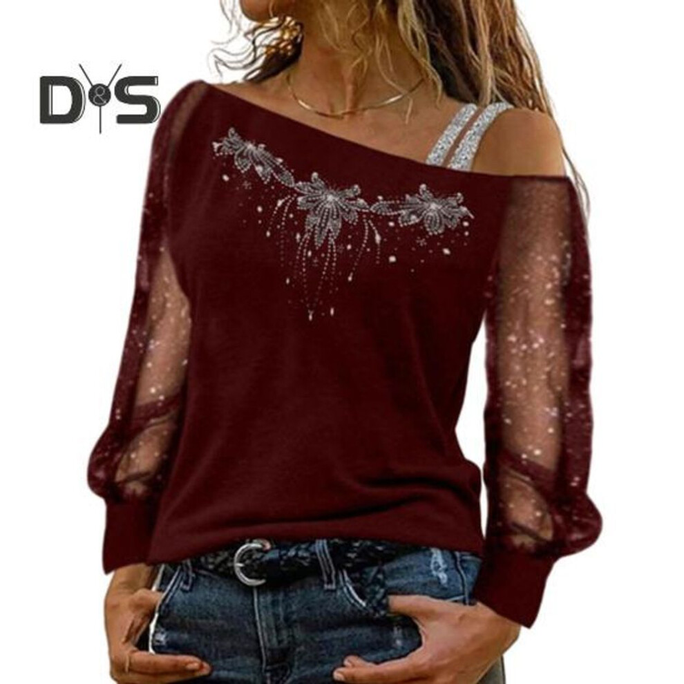 (XL, wine red) Fall Spring Women Top See-through Mesh Patchwork Shiny Sequin Rhinestone Diagonal Collar Loose Long Sleeve Flower Pattern One Shoulder Plus Size Lady