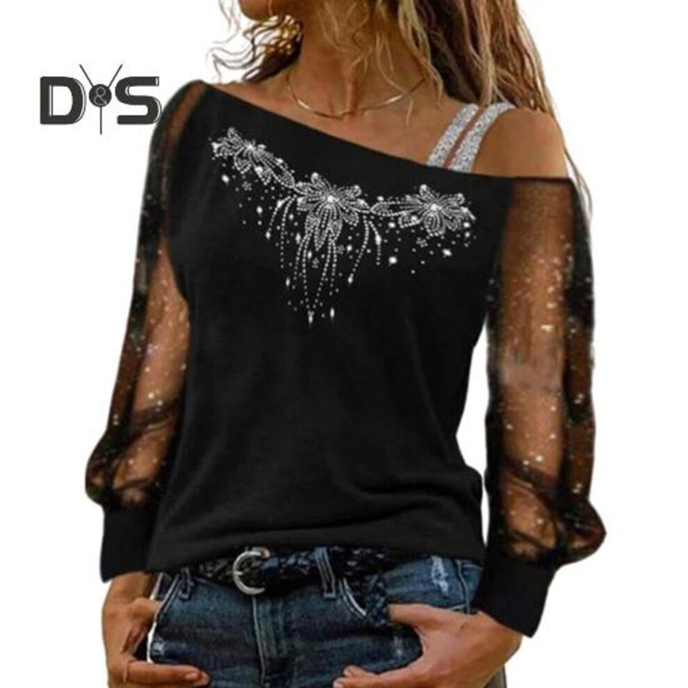 (3XL, black) Fall Spring Women Top See-through Mesh Patchwork Shiny Sequin Rhinestone Diagonal Collar Loose Long Sleeve Flower Pattern One Shoulder Plus Size Lady