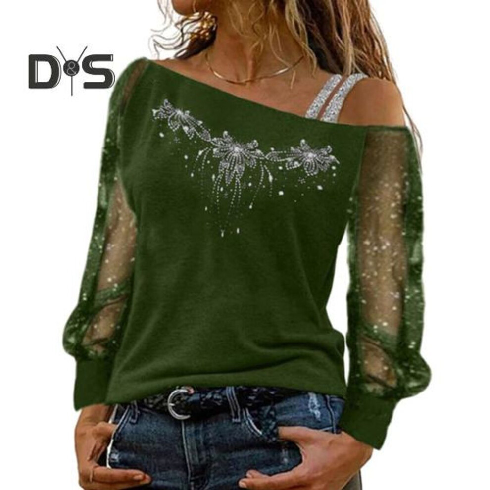 (XL, green) Fall Spring Women Top See-through Mesh Patchwork Shiny Sequin Rhinestone Diagonal Collar Loose Long Sleeve Flower Pattern One Shoulder Plus Size Lady