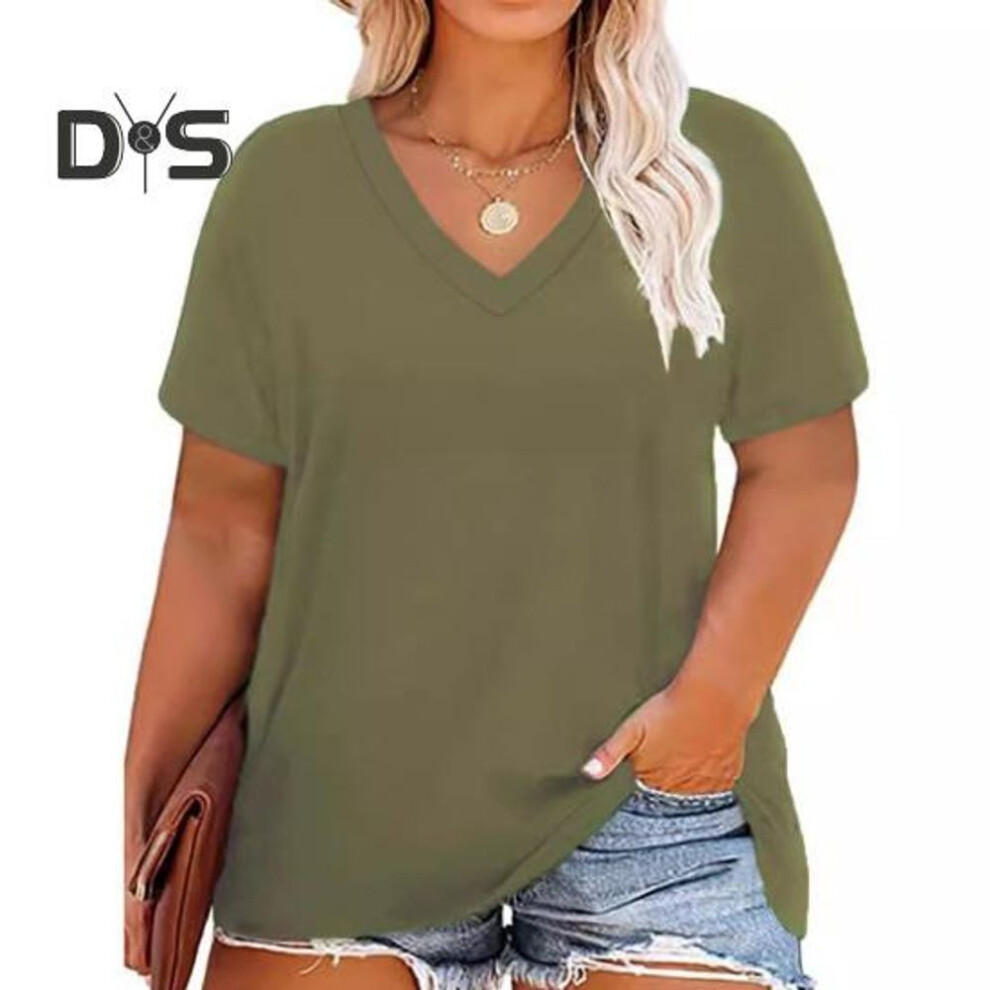 (M, army green) Women T-shirt V-neck Short Sleeve Loose Fit Tee Shirt Solid Color Casual Breathable Pullover Tops Daily Wear