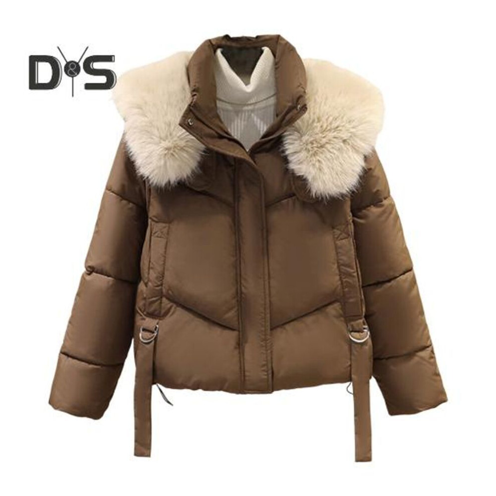(coffee, 2XL) Winter Down Coat Padded Furry Hooded Stand Collar Pockets Zip-up Parka Strap Decor Windproof Heat Retention Daily Cold Weather Outwear Cotton Jacket