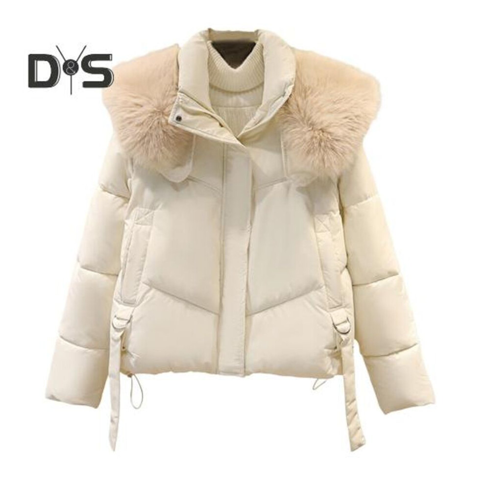 (white, 2XL) Winter Down Coat Padded Furry Hooded Stand Collar Pockets Zip-up Parka Strap Decor Windproof Heat Retention Daily Cold Weather Outwear Cotton Jacket