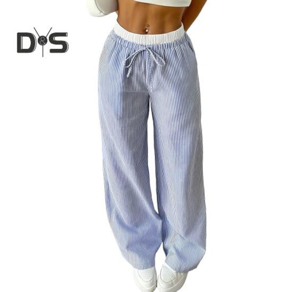 (royal blue, XL) Women Pants Wide-Leg Casual Pants Elastic Waist Adjustable Drawstring Striped Design Long Trousers Daily Wear