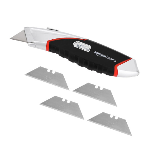 Amazon Heavy Duty Retractable Auto-Load Ergonomic Utility Knife 3-Position Locking Blade with 4 Replaceable Blades in Designed Storage, Black/Silver