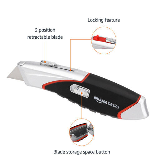 Amazon Heavy Duty Retractable Auto-Load Ergonomic Utility Knife 3-Position Locking Blade with 4 Replaceable Blades in Designed Storage, Black/Silver 2