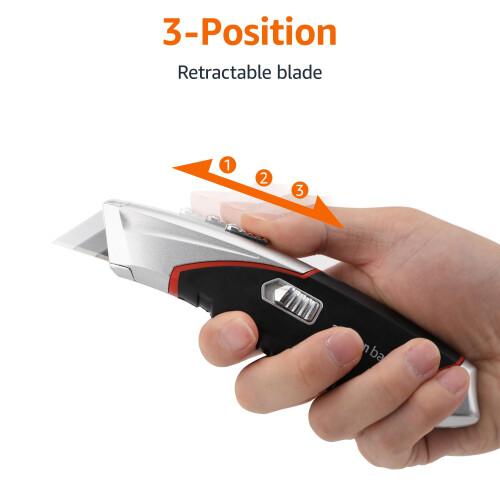 Amazon Heavy Duty Retractable Auto-Load Ergonomic Utility Knife 3-Position Locking Blade with 4 Replaceable Blades in Designed Storage, Black/Silver 1