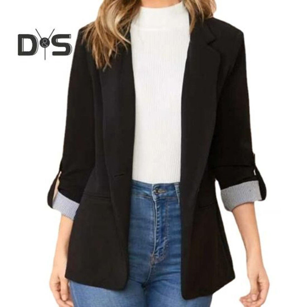 (black, S) Women Suit Coat Lapel Roll-up Long Sleeve Solid Color Suit Jacket Single Button Loose Fit Spring Autumn Business Outerwear