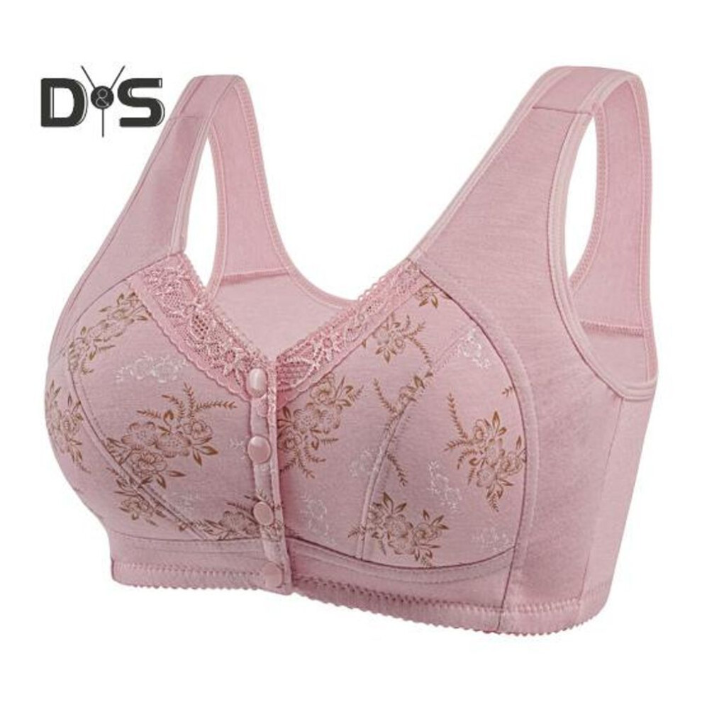 (pink, 44) Mid-aged Women Bra Elastic Front Button Closure Plus Size Floral Lace Printing Shockproof Push-up Anti-snagging Wireless Mother Daily Brar