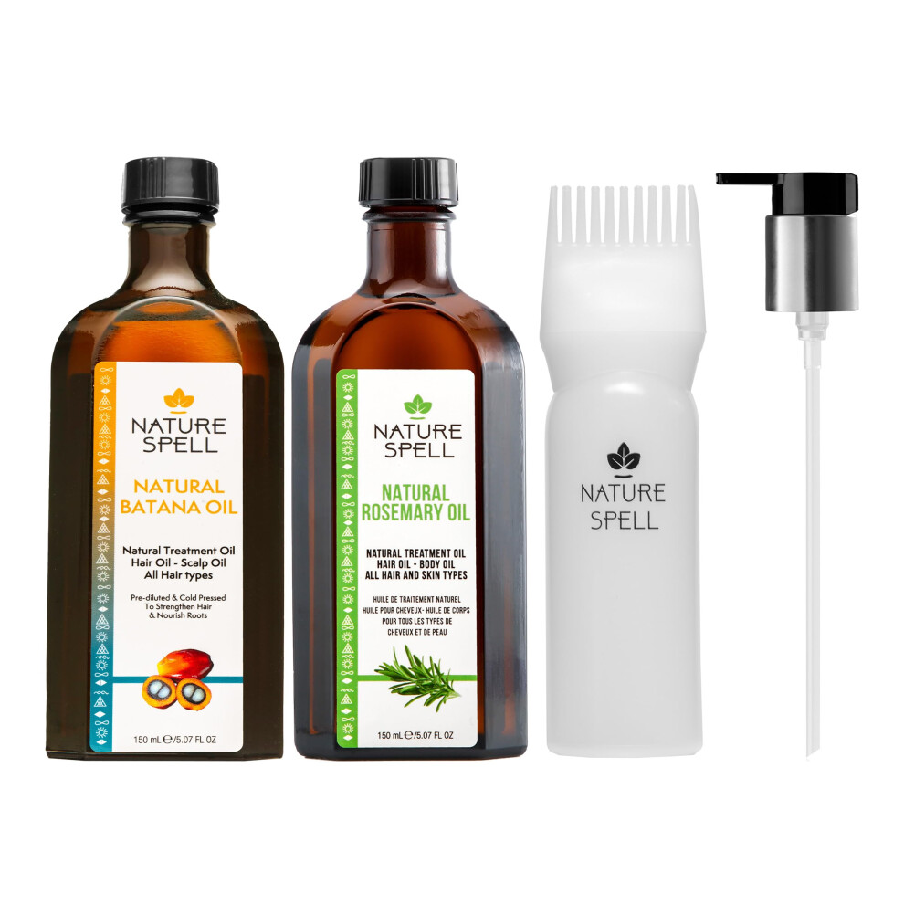 Nature Spell Rosemary Oil & Batana Oil Hair Care Set For Hair Growth, Scalp & Hair Strengthening Duo, With Applicator & Pump, 2 X 150Ml