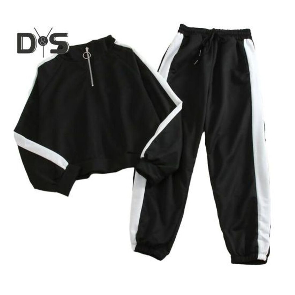 (black, L) 2 Pcs/set Sweatshirt Pants Set Stand Collar Zipper Loose Soft Elastic Waist Ankle Banded Wide Leg Pockets Color Matching Women Fall Spring Tracksuit