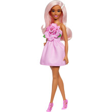 Barbie Fashionistas Doll #238 with Pastel Pink Hair Wearing Strapless Dress with Rose Bodice Pearly Barrette Accessory and Strappy Pink Heels