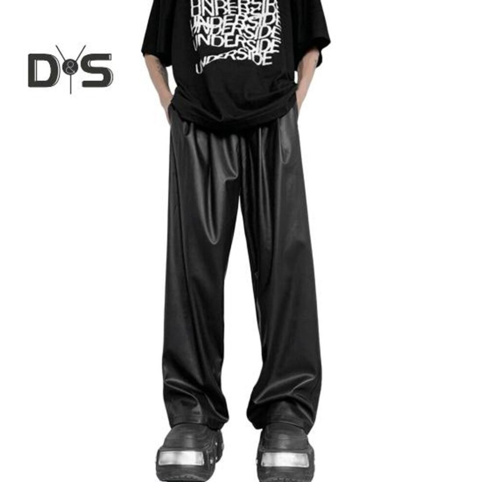 (black, 3XL) Men Faux Letaher Pants Drawstring Elastic Waist Waterproof Wide Leg Loose Smooth Hip Hop Solid Color Streetwear Breathable Soft Deep Crotch Long