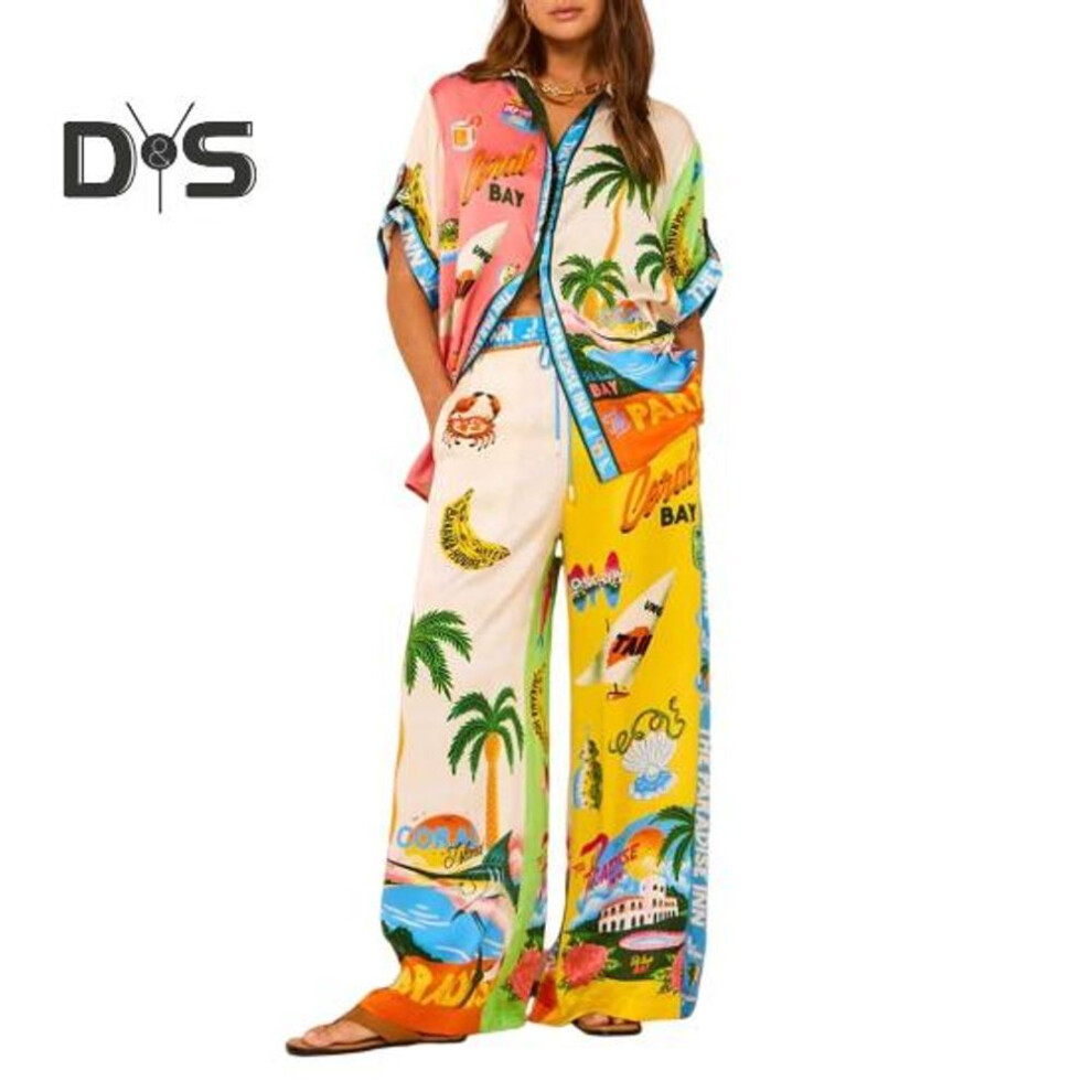 (yellow, S) 2 Pcs/Set Women Shirt Pants Set Hawaii Vacation Style Colorful Print Single-breasted Short Sleeve Lapel Top High Elastic Waist Wide Leg Trousers