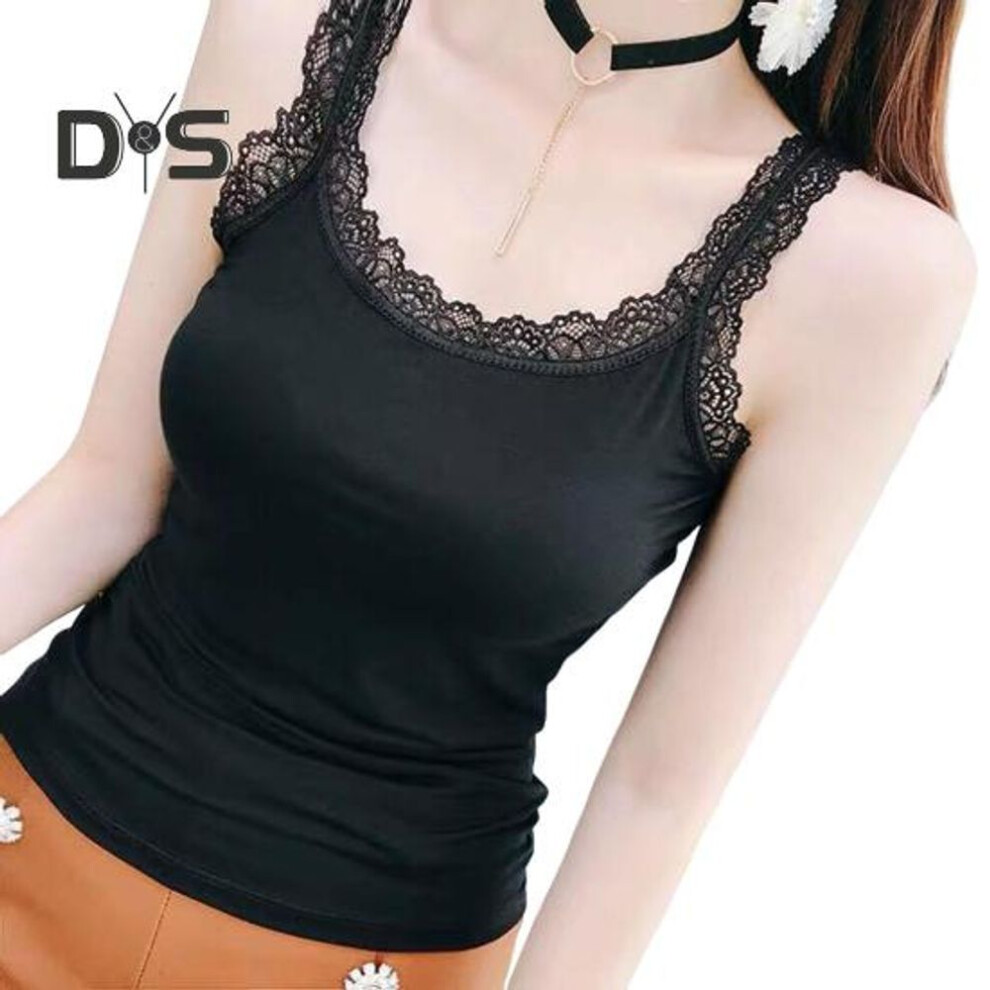 (2XL, black) Women Summer Thin Vest U-Neck Sleeveless Slim Fit Tank Tops Solid Color Lace Trimmed Camisole Streetwear