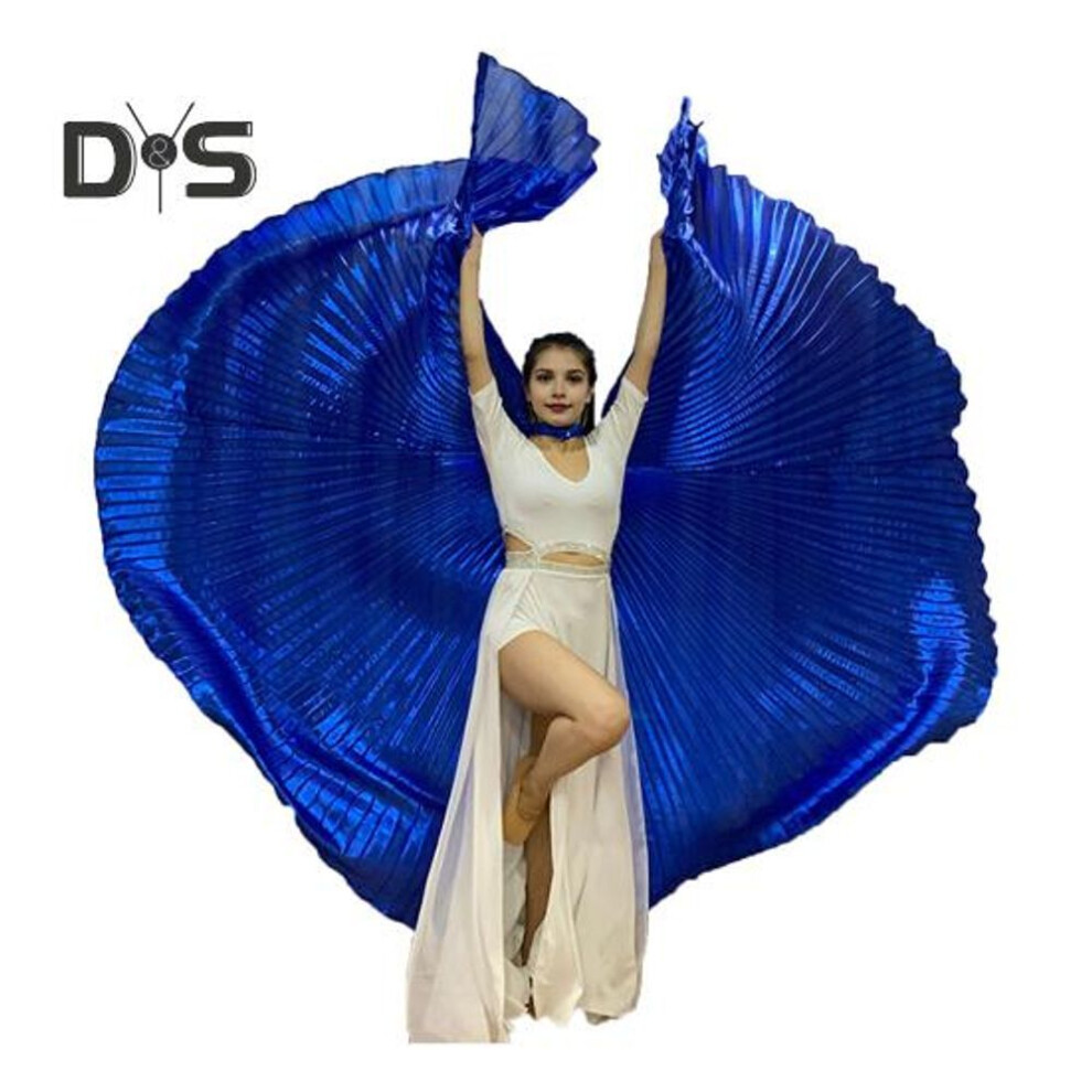 (royal blue) 1 Set Performance Cape With Telescopic Rod 360 Degree Belly Dance Wings Egyptian Costume Pleated Bright Color Luster Surface Halloween Performance