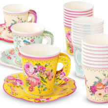 Pack of 24 Vintage Floral Cup & Saucer Afternoon Tea Set, Truly Scrumptious Disposable Tableware for Birthday or Garden Party, Baby Shower, Wedding,