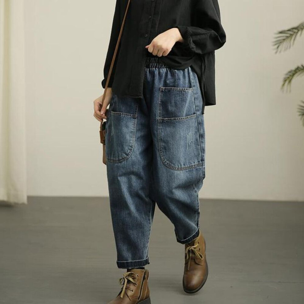 (blue, XXXL) Retro Distressed Harem Pants Elastic Waist Women's Jeans Loose Wide Leg Straight  Denim Big Pocket Trousers