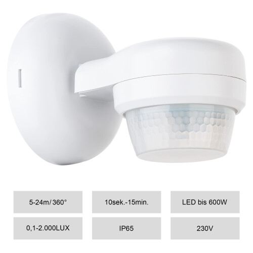 PIR Sensor Light Switch Outdoor IP65, Surface mount, LED suitable, Wall Ceiling mounting, Infrared Motion Sensor programmable, Range max. 24m/360, 3 1
