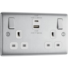 BG Electrical Double Switched Wall Plug Socket with Fast Charge Type A & C USB Charging Ports, Nexus Metal, Brushed Steel, White Inserts, 13A, 22W,