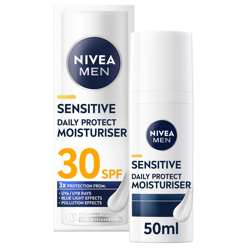 MEN Sensitive Daily Protect Moisturiser SPF 30 (50ml), Moisturising Men's Face Cream Suitable For Sensitive Skin, Lightweight Face Moisturiser with UV
