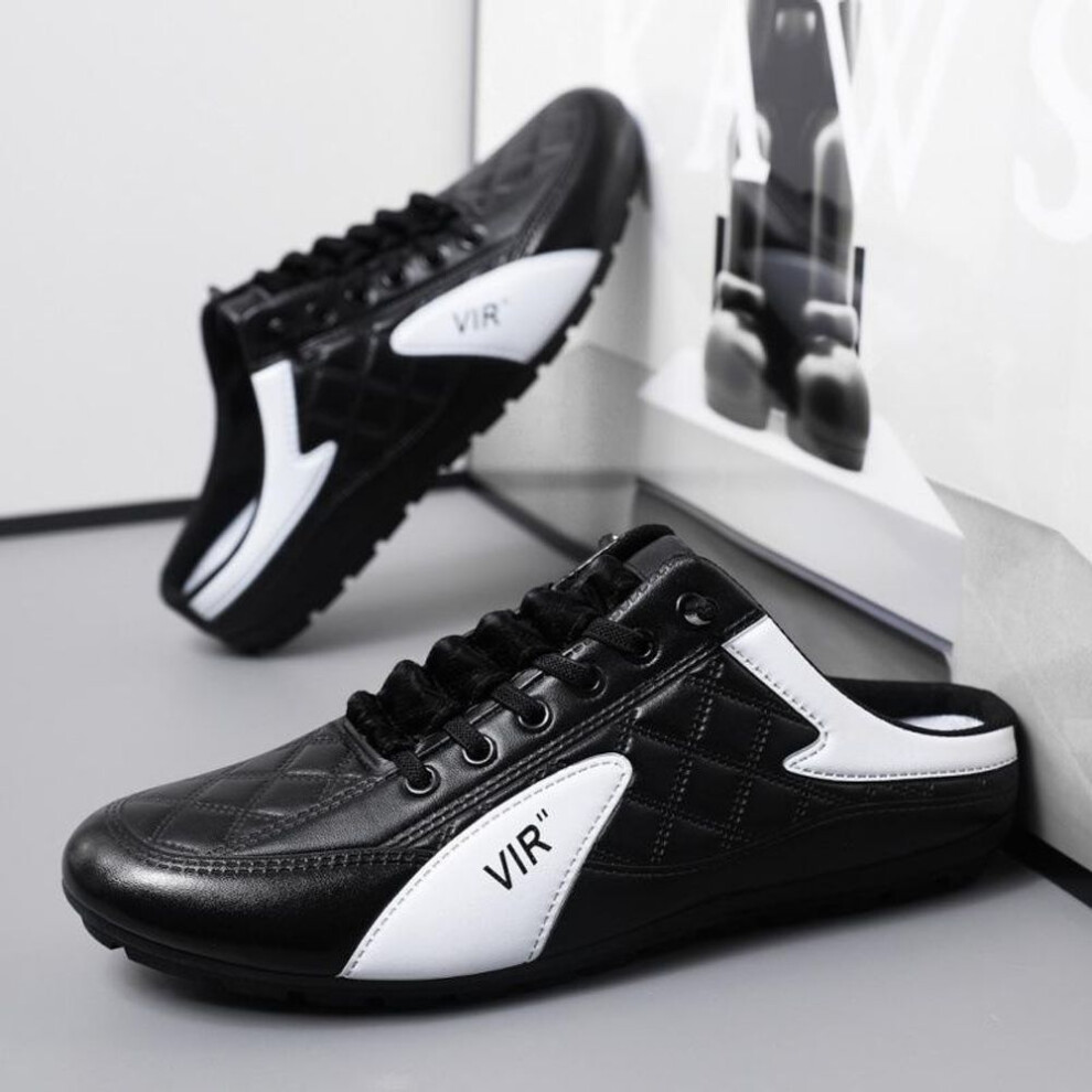 (black, 44) Spring and summer new men's shoes trend breathable lazy half-tray board shoes leather surface casual men's running sports shoes men