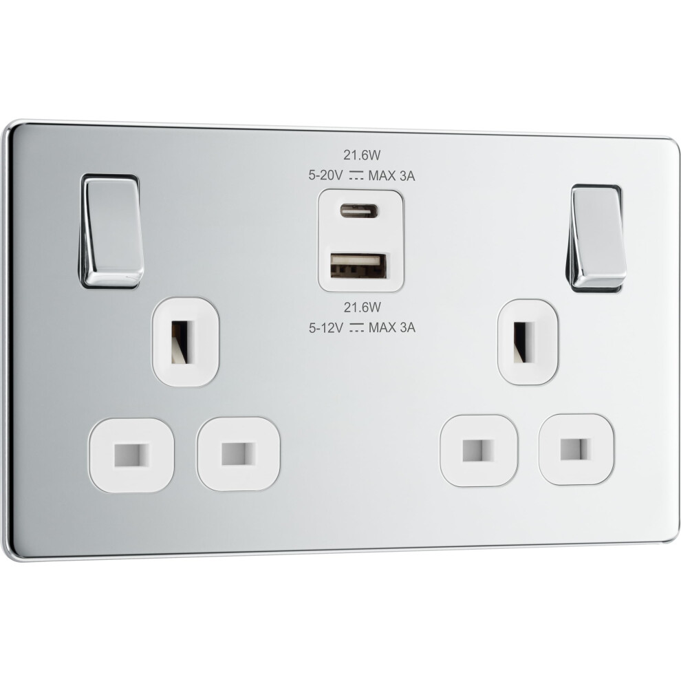 Bg Electrical Double Switched Power Wall Plug Socket With Fast Charge Type A And C Usb Ports, Screwless, Flatplate, Polished Chrome, White Inserts, 5050765253109