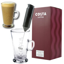 Costa Coffee Luxury Gift Set with Latte Glass Coffee Cup & Electric Milk Frother
