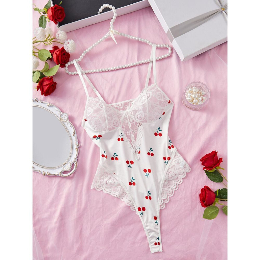 (white, L) New fashion cherry slim sex onesie women's sexy lace see-through dress