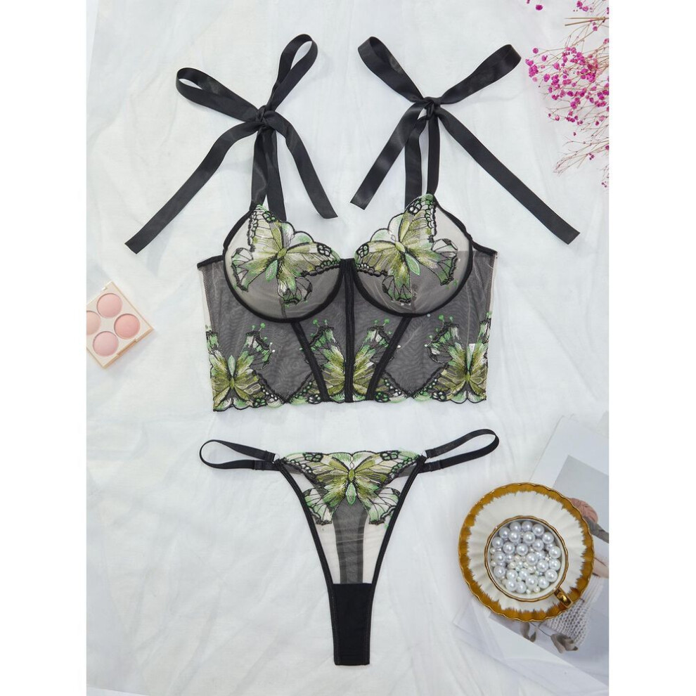 (M, black) Sexy perspective hollowed-out three-point underwear set