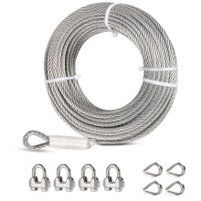 HANGER Stainless Steel Wire Rope - 6mm x 7.6m Marine Grade 7x19 Strand with Loops, Thimble & Clips for Zipline & Deck Railing